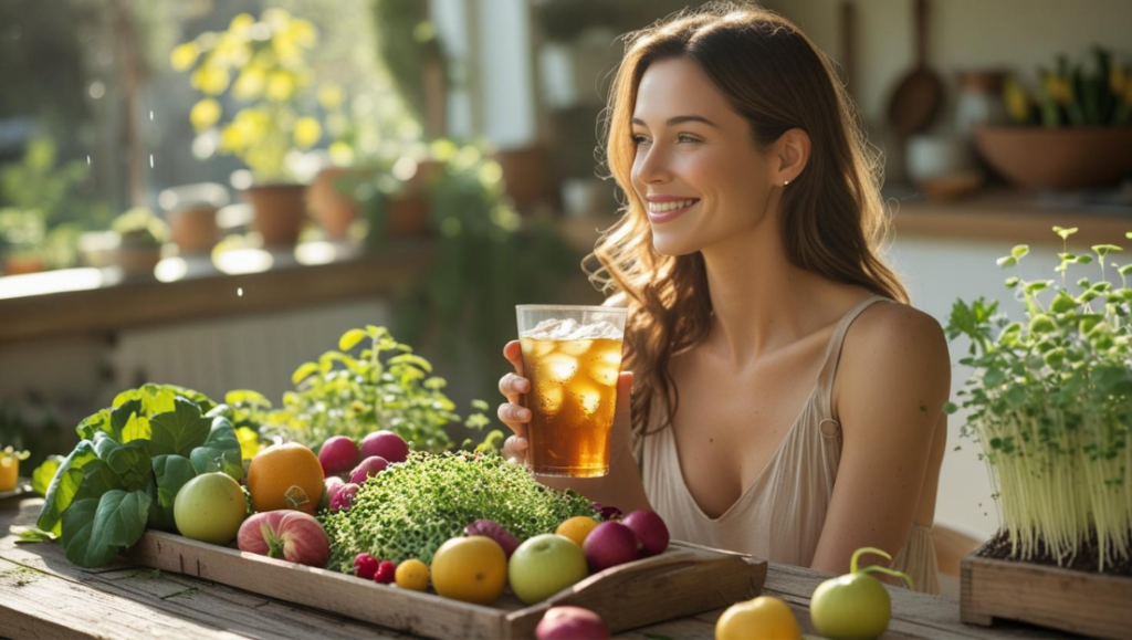 Mujer con alimentos saludables, alimentación según el ciclo menstrual