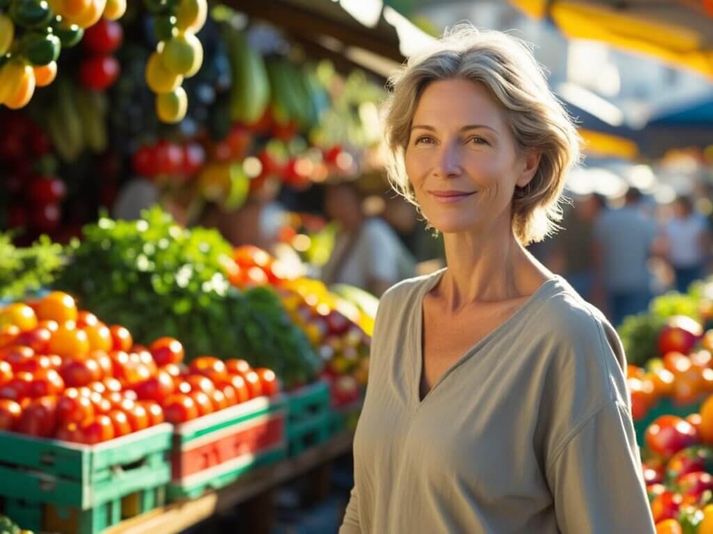Mujer paseando por un mercado saludable, símbolo de una buena alimentación en la menopausia.
