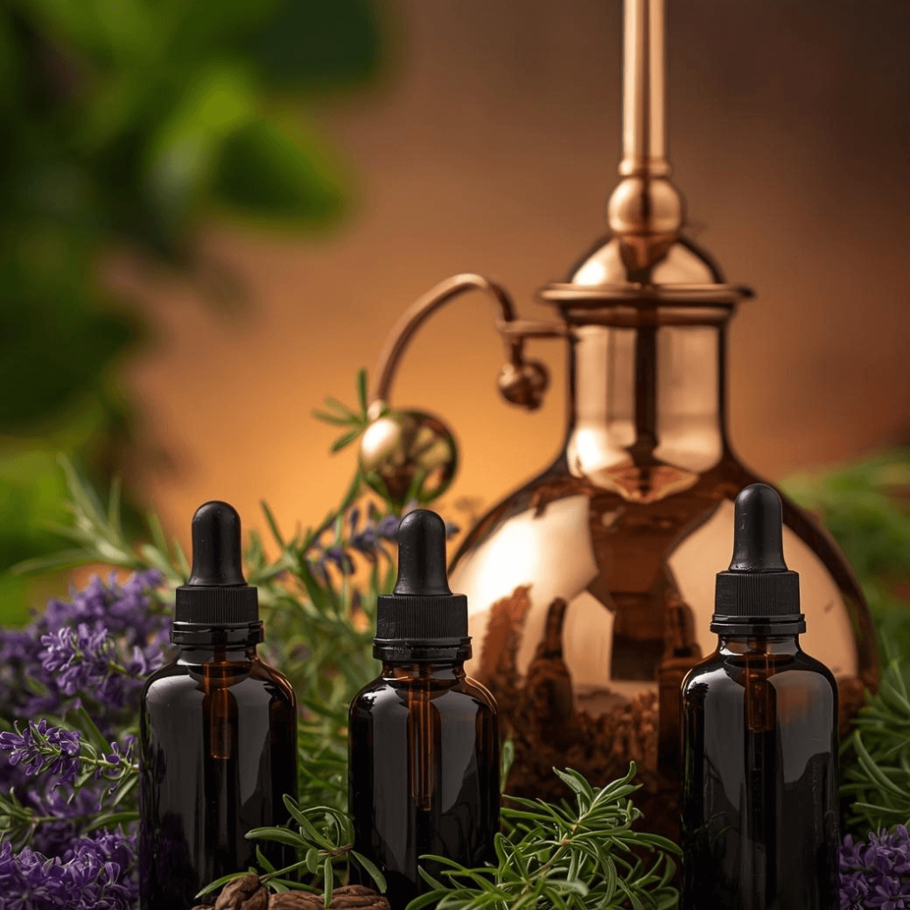 “Escena botánica refinada con aceites esenciales en frascos de vidrio oscuro, un alambique de cobre pulido y plantas aromáticas como lavanda, tomillo y romero decorando suavemente el entorno